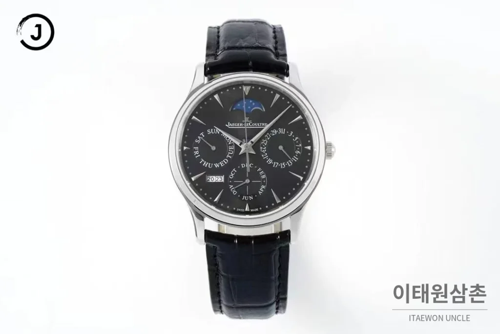 예거르쿨트르 마스터 스틸 퍼페추얼캘린더 실버다이얼 오토매틱 39mm 블랙 가죽 스트랩 (2)