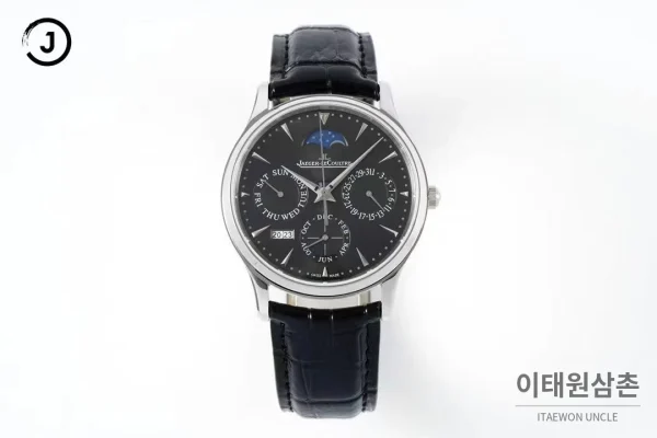 예거르쿨트르 마스터 스틸 퍼페추얼캘린더 실버다이얼 오토매틱 39mm 블랙 가죽 스트랩 (2)