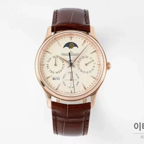 예거르쿨트르 마스터 스틸 퍼페추얼캘린더 실버다이얼 오토매틱 39mm 브라운 가죽 스트랩