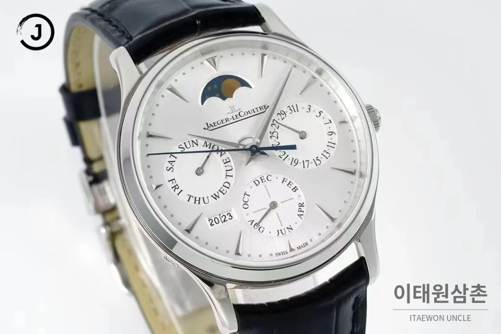 예거르쿨트르 마스터 스틸 퍼페추얼캘린더 실버다이얼 오토매틱 39mm 블랙 가죽 스트랩