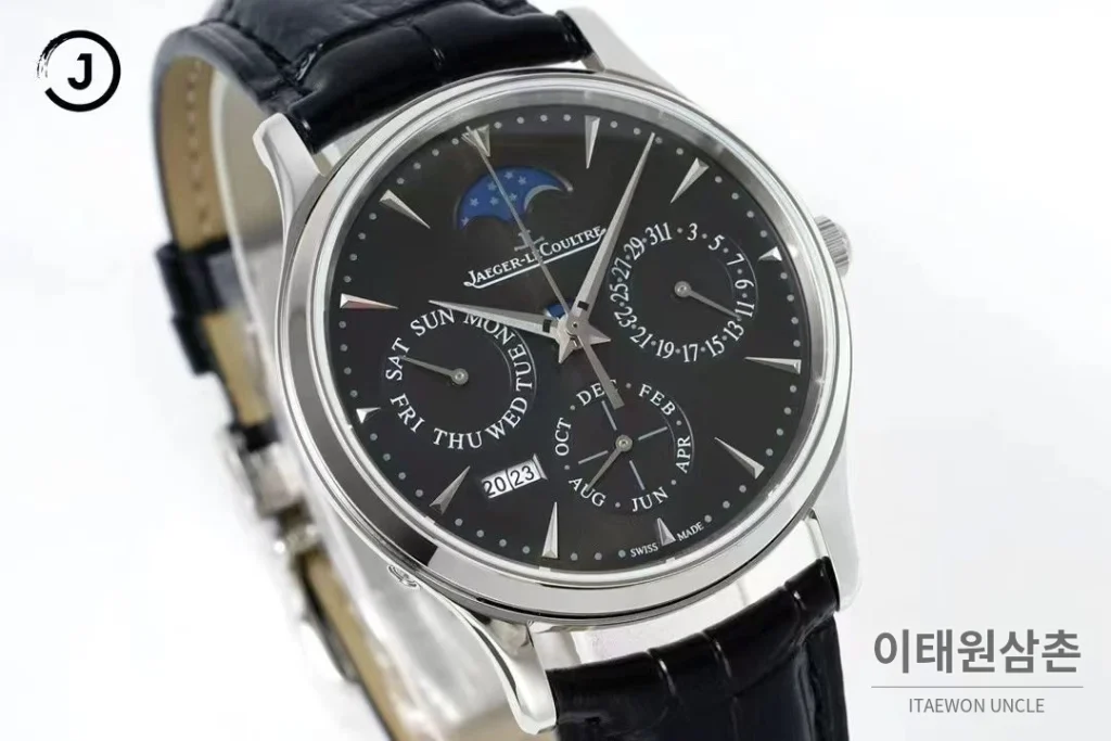 예거르쿨트르 마스터 스틸 퍼페추얼캘린더 실버다이얼 오토매틱 39mm 블랙 가죽 스트랩 (2)