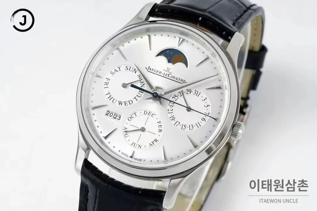 예거르쿨트르 마스터 스틸 퍼페추얼캘린더 실버다이얼 오토매틱 39mm 블랙 가죽 스트랩