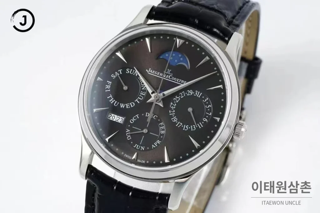 예거르쿨트르 마스터 스틸 퍼페추얼캘린더 실버다이얼 오토매틱 39mm 블랙 가죽 스트랩 (2)