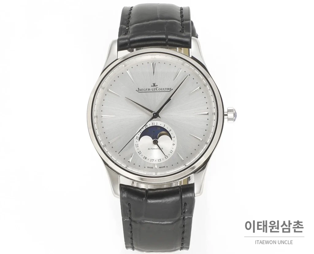 예거르쿨트르 마스터 울트라씬 문페이즈 데이트 오토매틱 39mm 실버 블랙 가죽 스트랩