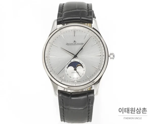 예거르쿨트르 마스터 울트라씬 문페이즈 데이트 오토매틱 39mm 실버 블랙 가죽 스트랩