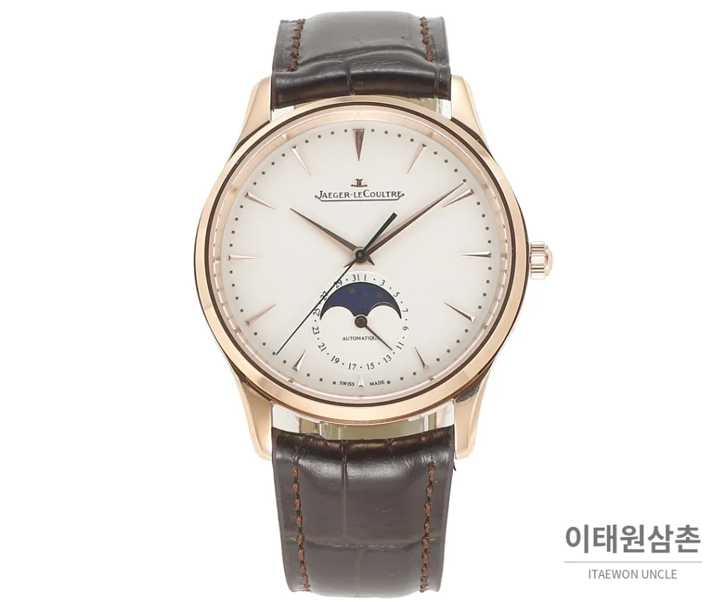 예거르쿨트르 마스터 울트라씬 문페이즈 데이트 오토매틱 39mm 실버 브라운 가죽 스트랩