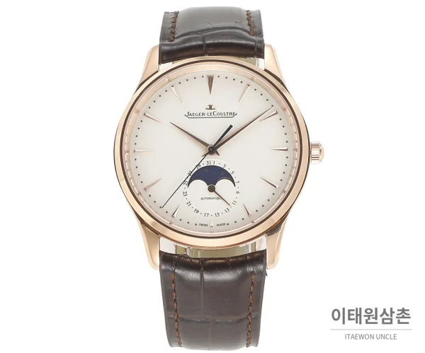 예거르쿨트르 마스터 울트라씬 문페이즈 데이트 오토매틱 39mm 실버 브라운 가죽 스트랩