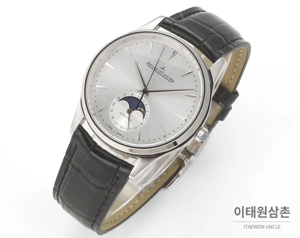 예거르쿨트르 마스터 울트라씬 문페이즈 데이트 오토매틱 39mm 실버 블랙 가죽 스트랩