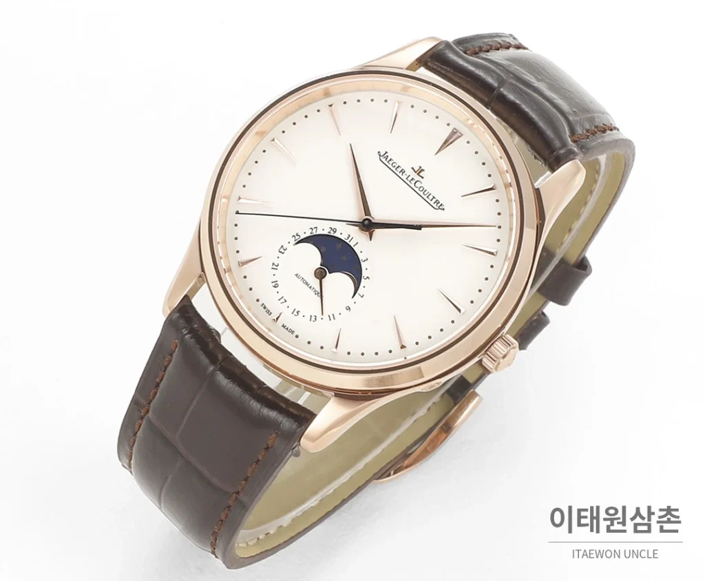 예거르쿨트르 마스터 울트라씬 문페이즈 데이트 오토매틱 39mm 실버 브라운 가죽 스트랩