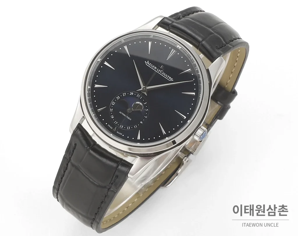 예거르쿨트르 마스터 울트라씬 문페이즈 데이트 오토매틱 39mm 실버 블랙 가죽 스트랩 (3)