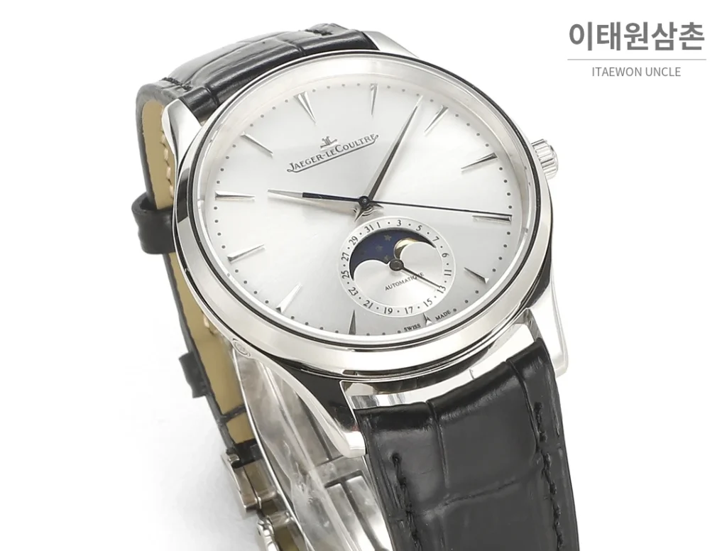 예거르쿨트르 마스터 울트라씬 문페이즈 데이트 오토매틱 39mm 실버 블랙 가죽 스트랩