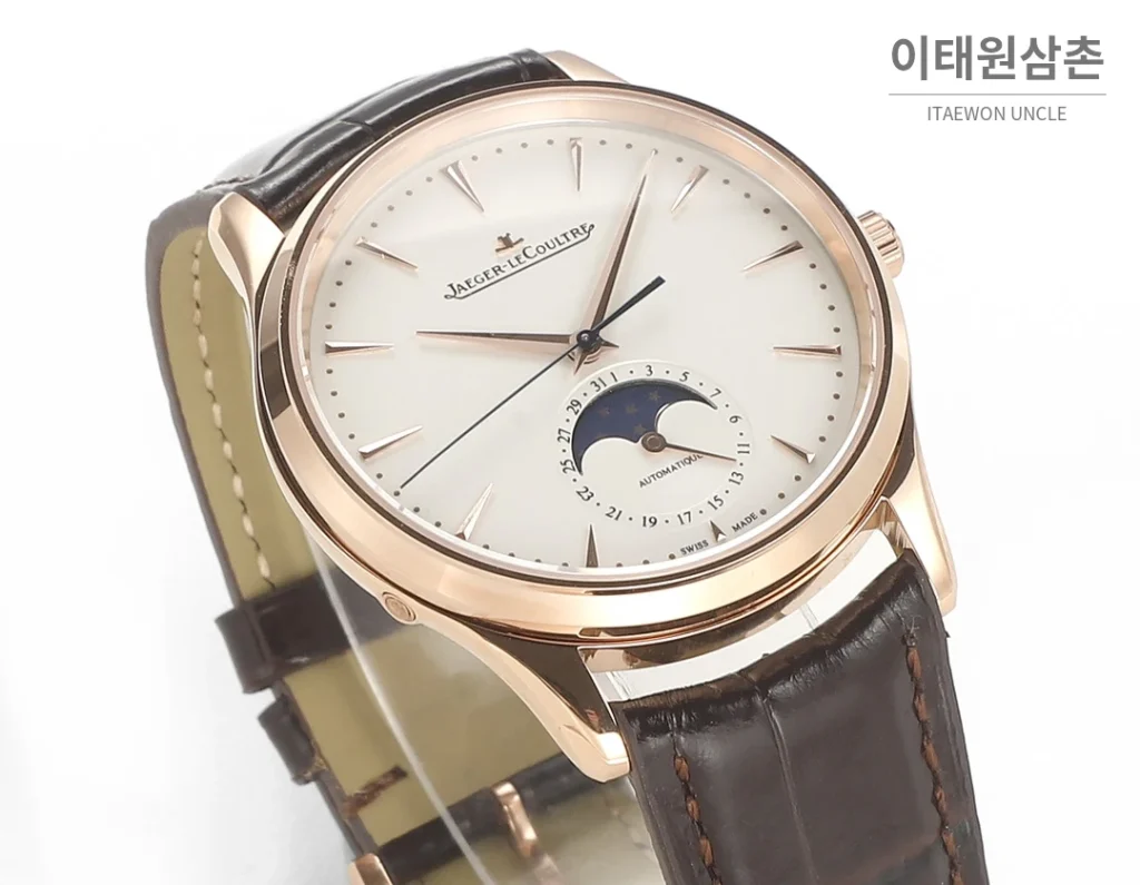 예거르쿨트르 마스터 울트라씬 문페이즈 데이트 오토매틱 39mm 실버 브라운 가죽 스트랩