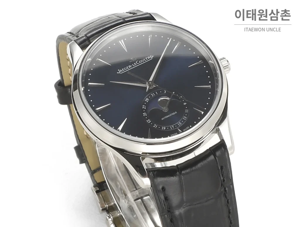 예거르쿨트르 마스터 울트라씬 문페이즈 데이트 오토매틱 39mm 실버 블랙 가죽 스트랩 (3)