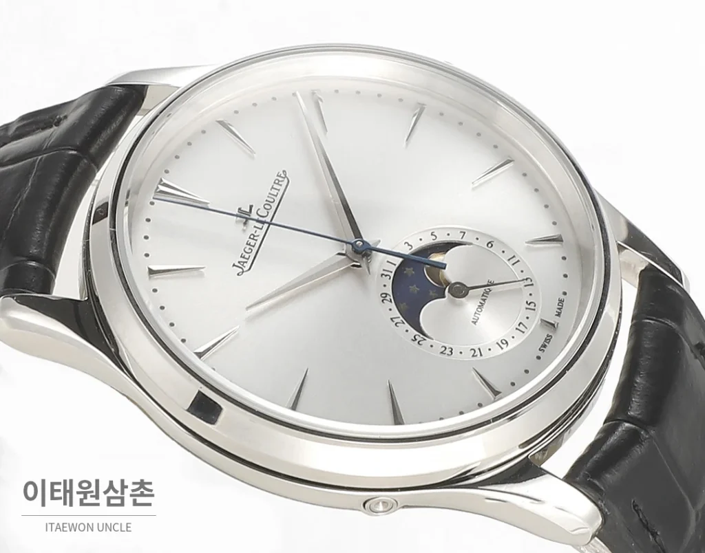 예거르쿨트르 마스터 울트라씬 문페이즈 데이트 오토매틱 39mm 실버 블랙 가죽 스트랩