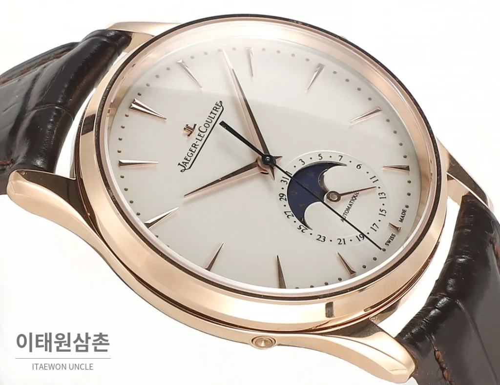 예거르쿨트르 마스터 울트라씬 문페이즈 데이트 오토매틱 39mm 실버 브라운 가죽 스트랩