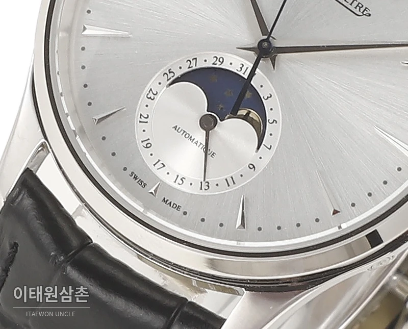 예거르쿨트르 마스터 울트라씬 문페이즈 데이트 오토매틱 39mm 실버 블랙 가죽 스트랩