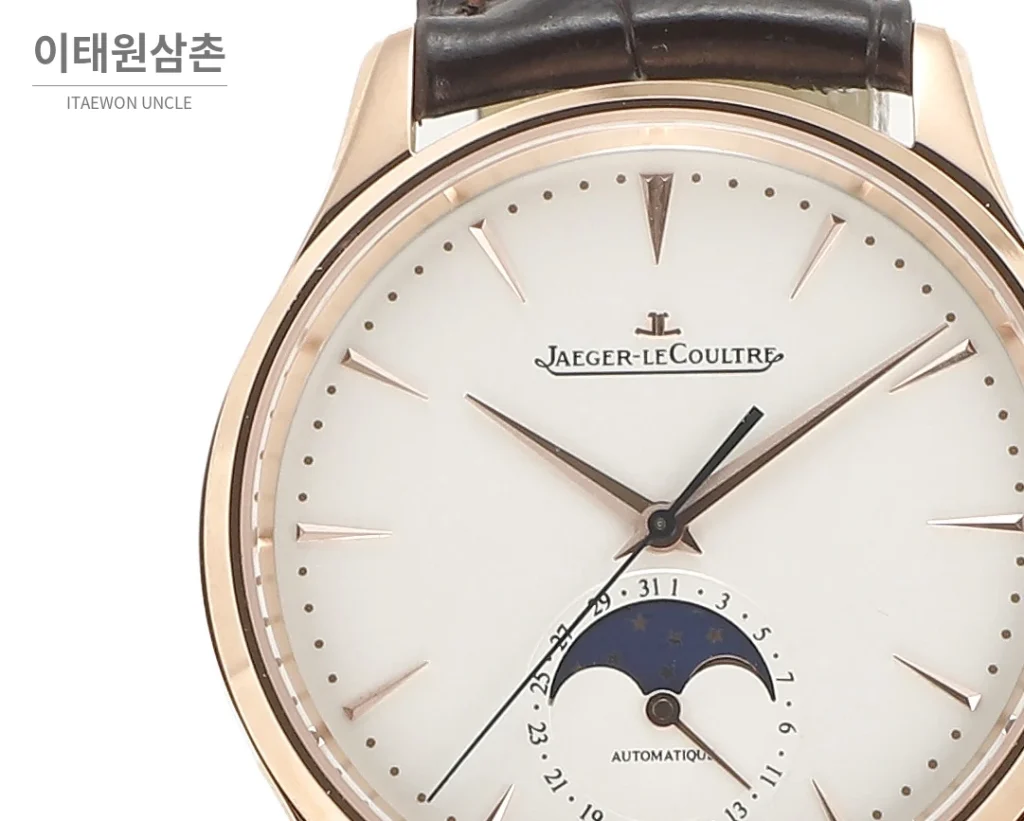 예거르쿨트르 마스터 울트라씬 문페이즈 데이트 오토매틱 39mm 실버 브라운 가죽 스트랩
