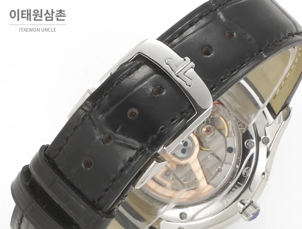 예거르쿨트르 마스터 울트라씬 문페이즈 데이트 오토매틱 39mm 실버 블랙 가죽 스트랩