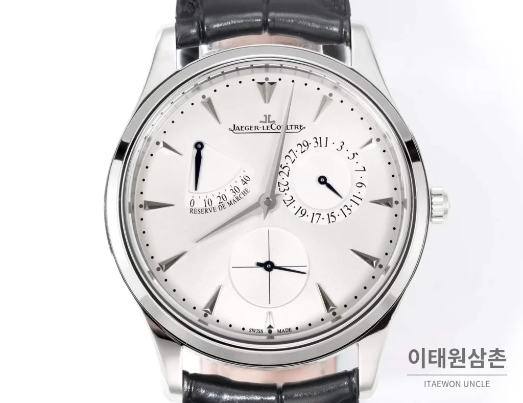 예거르쿨트르 마스터 울트라 씬 파워리저브 스틸 화이트다이얼 오토매틱 39mm 블랙 가죽 스트랩