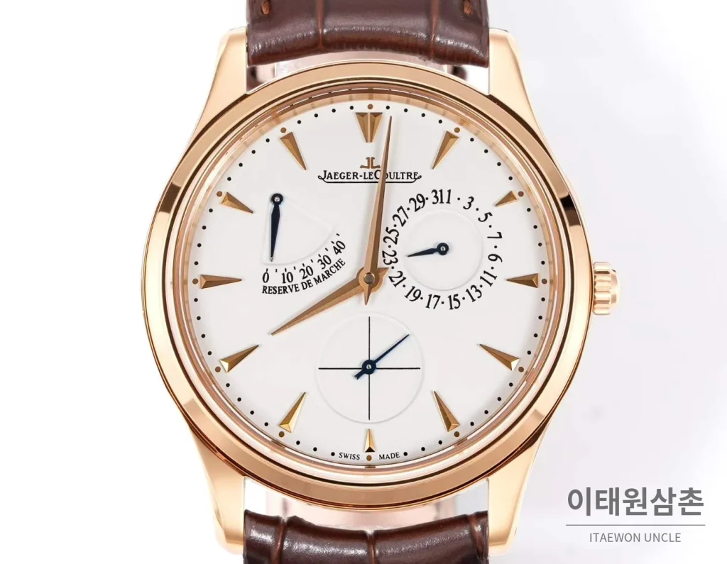 예거르쿨트르 마스터 울트라 씬 파워리저브 스틸 화이트다이얼 오토매틱 39mm 브라운 가죽 스트랩
