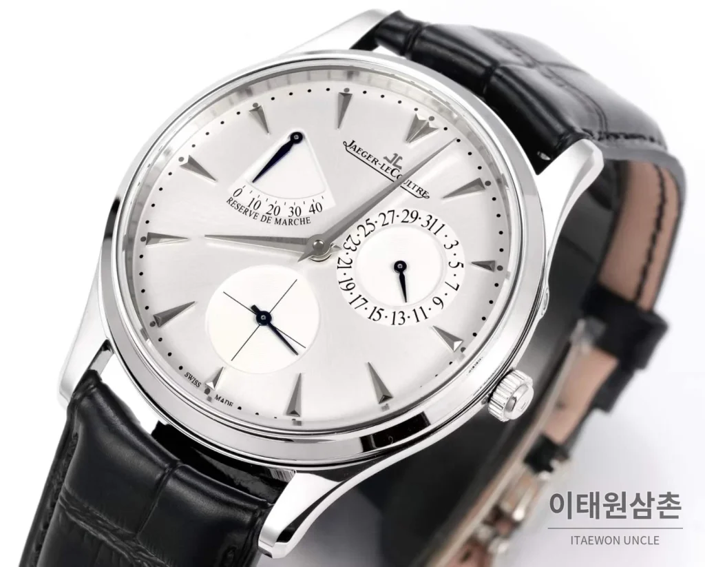 예거르쿨트르 마스터 울트라 씬 파워리저브 스틸 화이트다이얼 오토매틱 39mm 블랙 가죽 스트랩