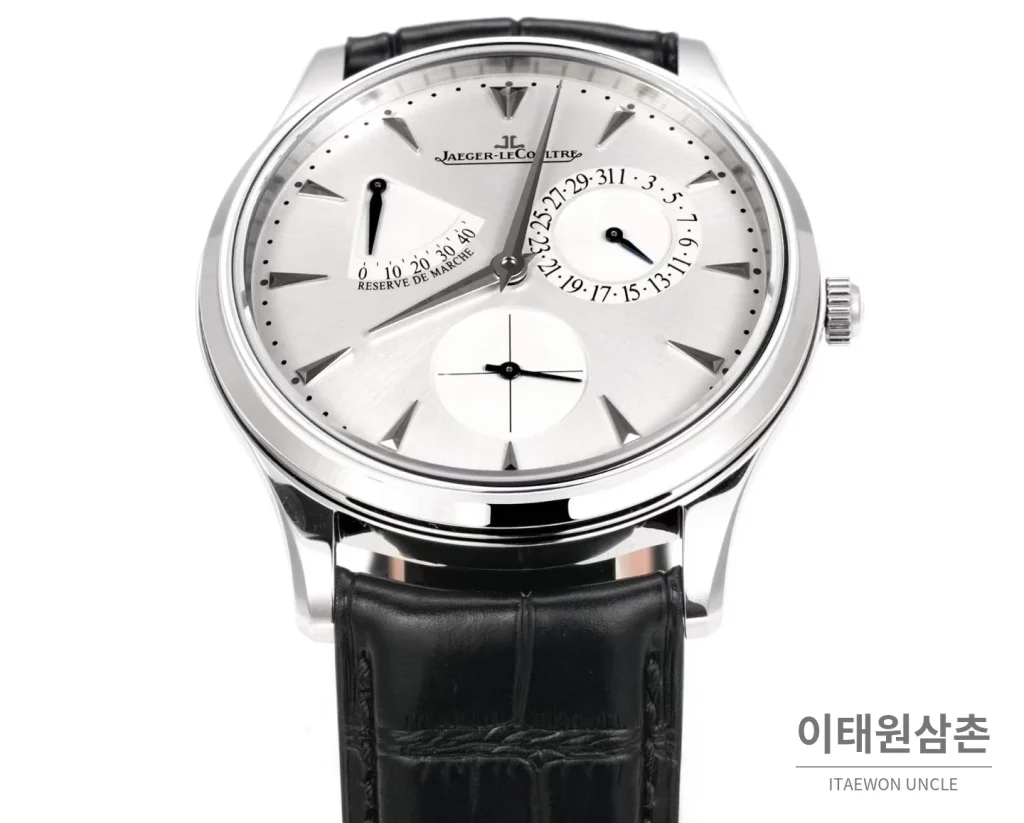 예거르쿨트르 마스터 울트라 씬 파워리저브 스틸 화이트다이얼 오토매틱 39mm 블랙 가죽 스트랩