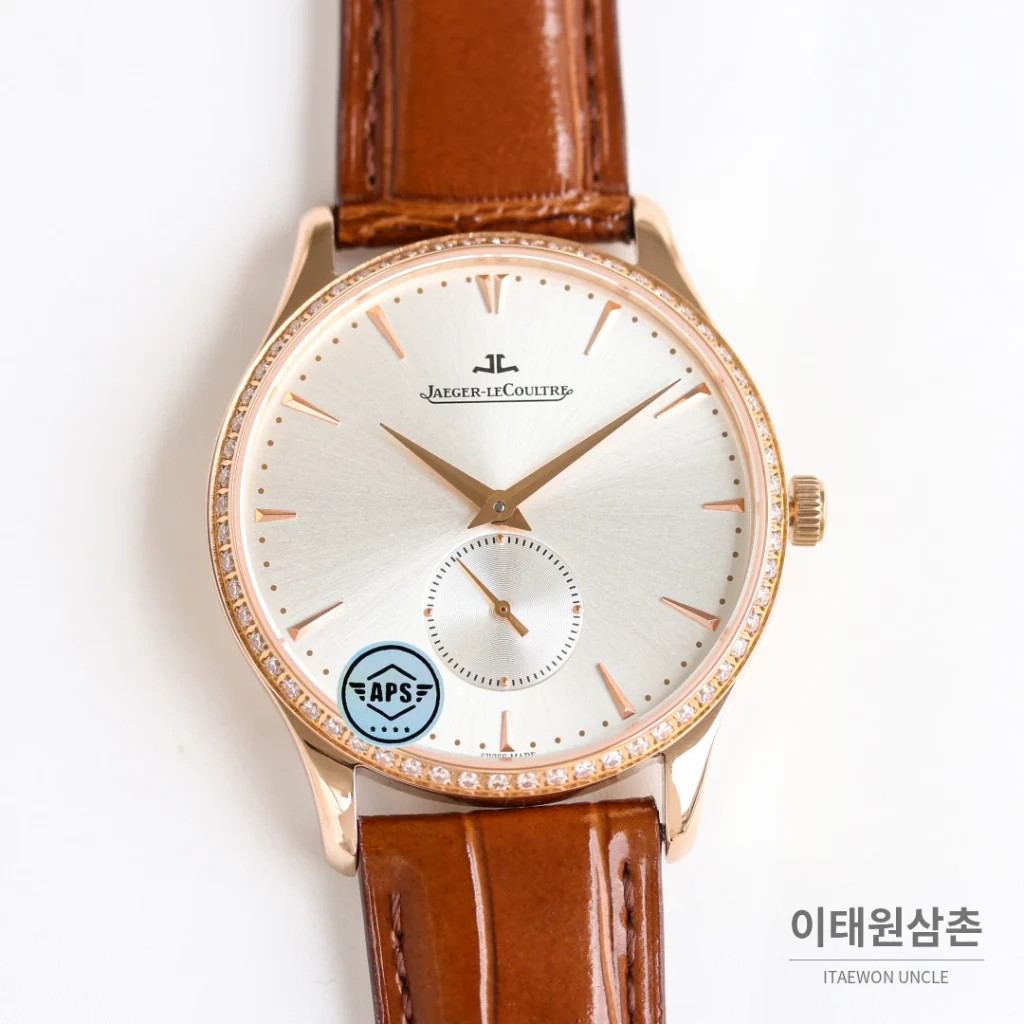 예거르쿨트르 마스터 울트라 씬 스틸 스몰세컨즈 오토매틱 39mm 실버 브라운 가죽 스트랩 로즈골드 베젤