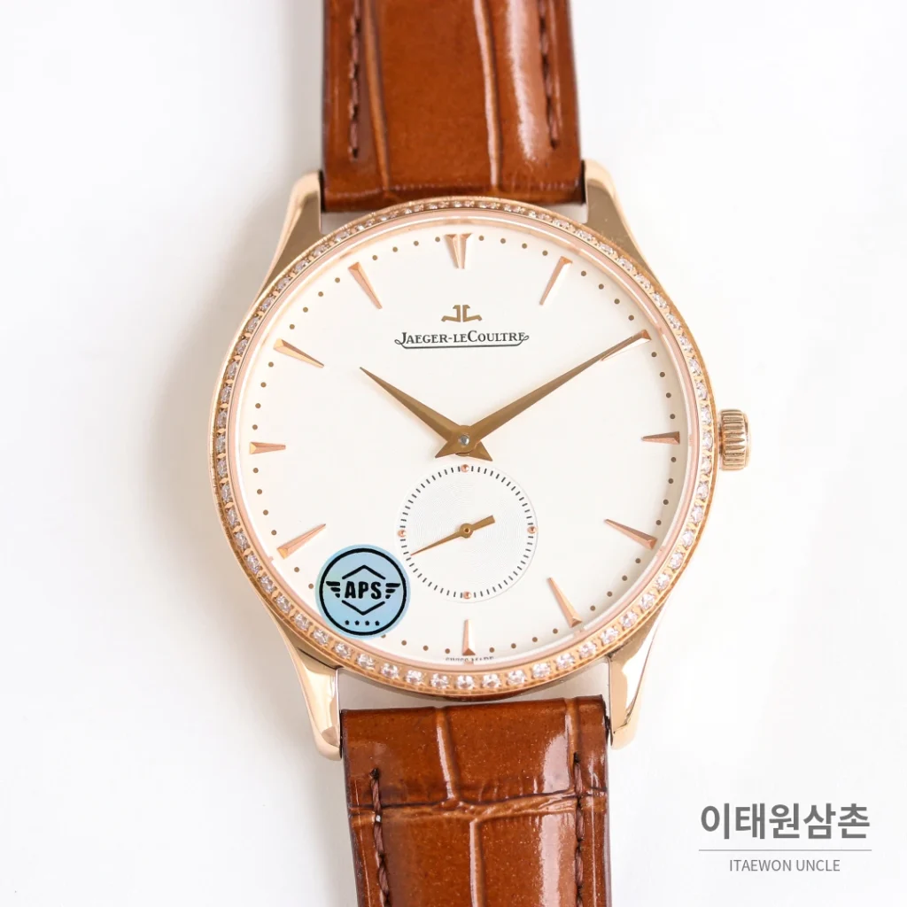 예거르쿨트르 마스터 울트라 씬 스틸 스몰세컨즈 오토매틱 39mm 실버 브라운 가죽 스트랩 로즈골드 베젤