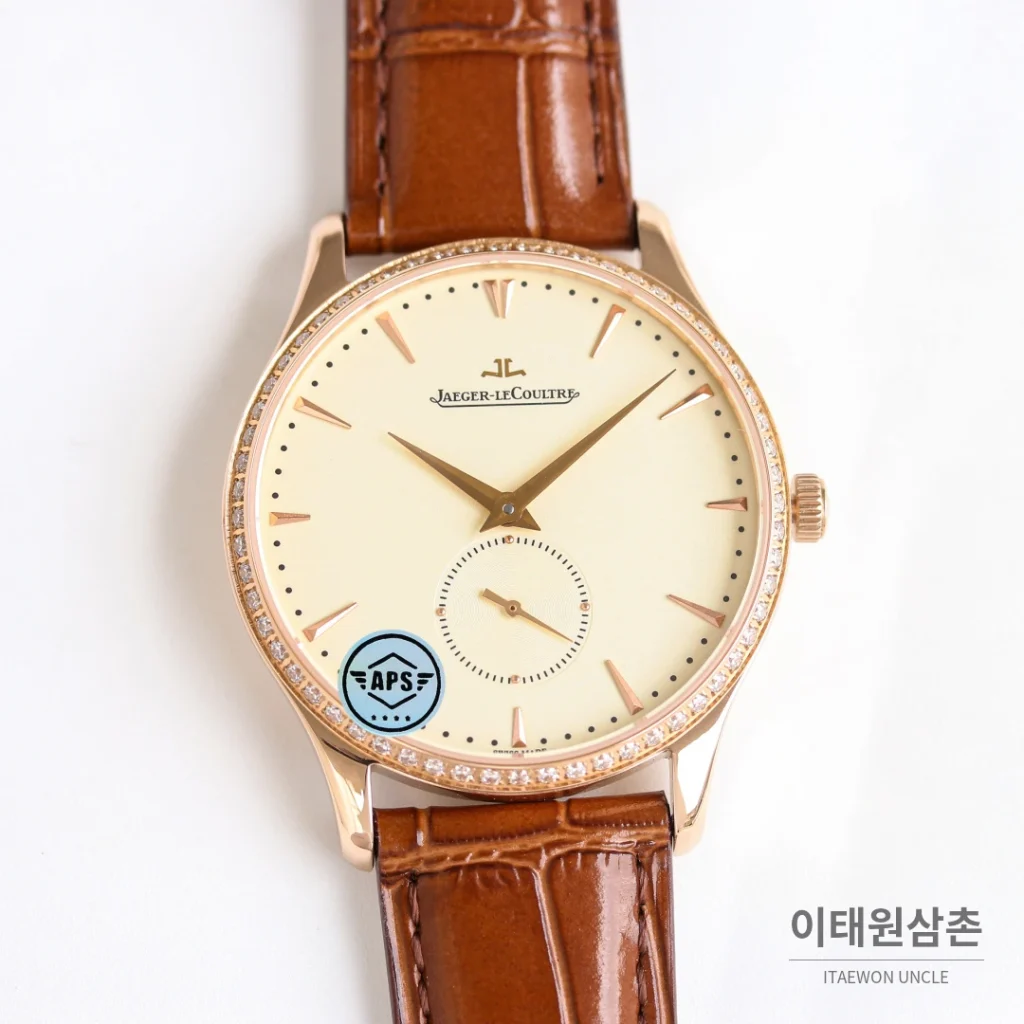 예거르쿨트르 마스터 울트라 씬 스틸 스몰세컨즈 오토매틱 39mm 실버 브라운 가죽 스트랩 로즈골드 베젤