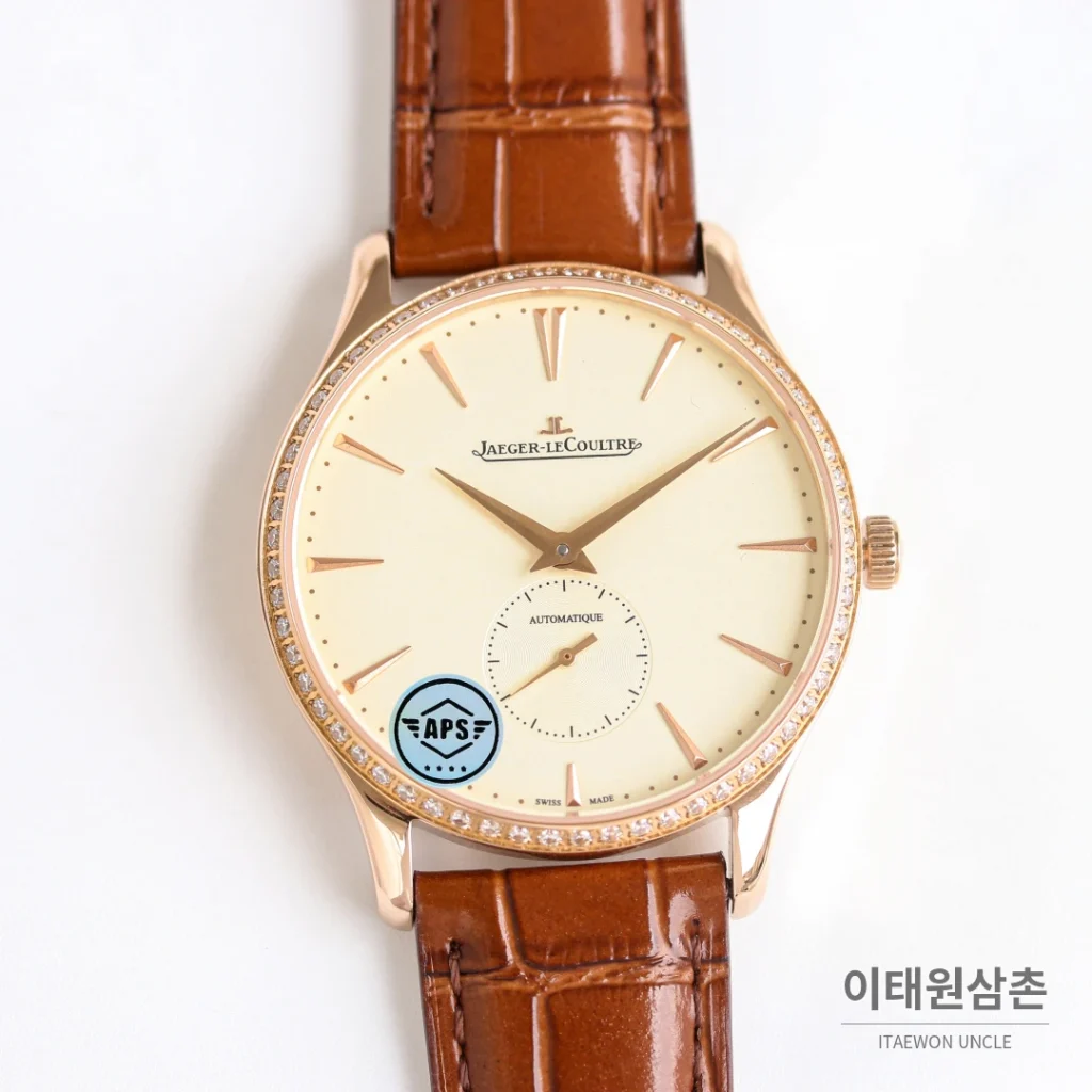 예거르쿨트르 마스터 울트라 씬 스틸 스몰세컨즈 오토매틱 39mm 실버 브라운 가죽 스트랩 로즈골드 베젤