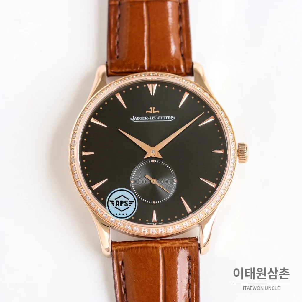 예거르쿨트르 마스터 울트라 씬 스틸 스몰세컨즈 오토매틱 39mm 실버 브라운 가죽 스트랩 로즈골드 베젤