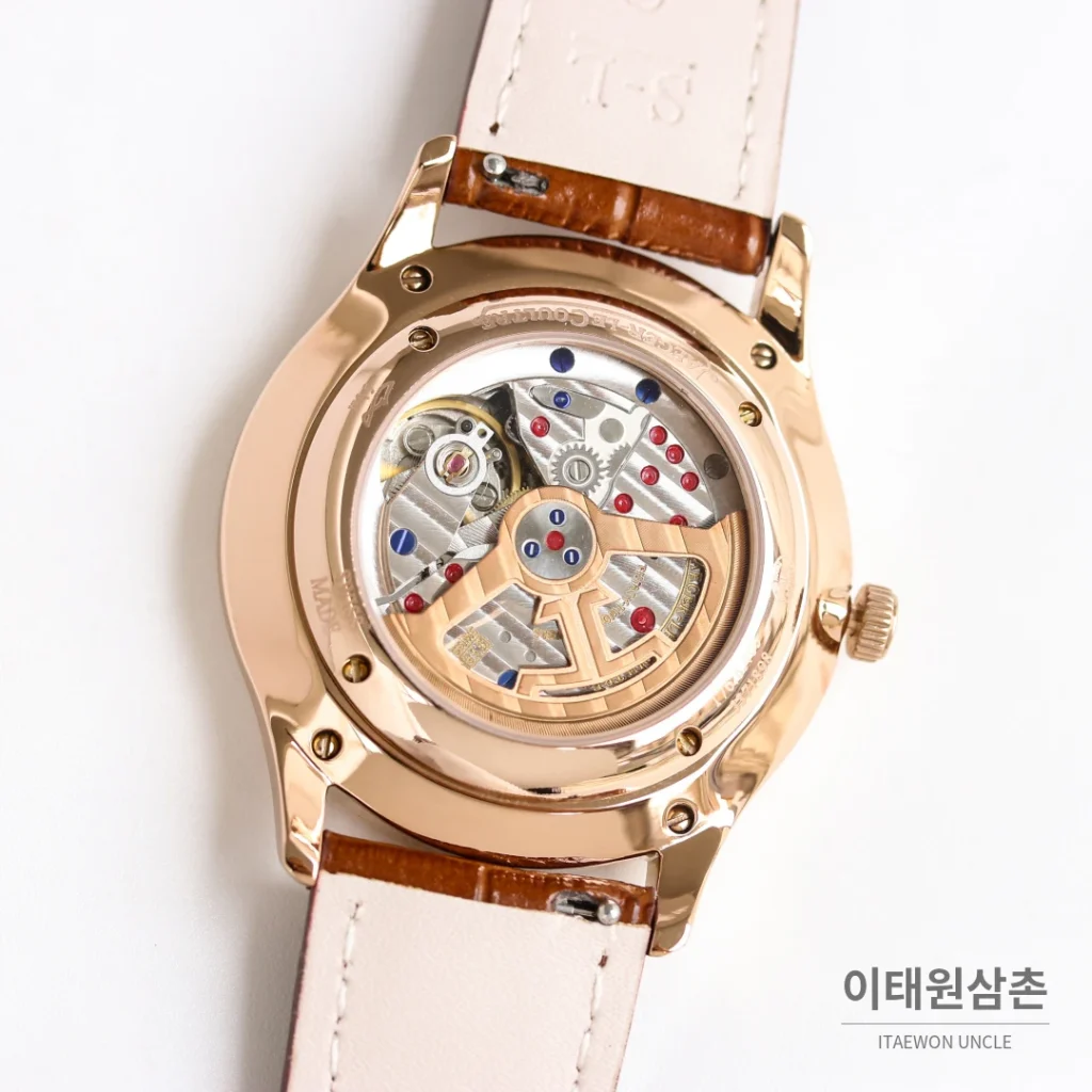 예거르쿨트르 마스터 울트라 씬 스틸 스몰세컨즈 오토매틱 39mm 실버 브라운 가죽 스트랩 로즈골드 베젤