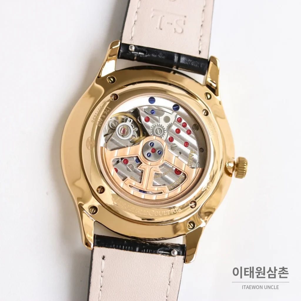 예거르쿨트르 마스터 울트라 씬 스틸 스몰세컨즈 오토매틱 39mm 실버 블랙 가죽 스트랩 골드 베젤