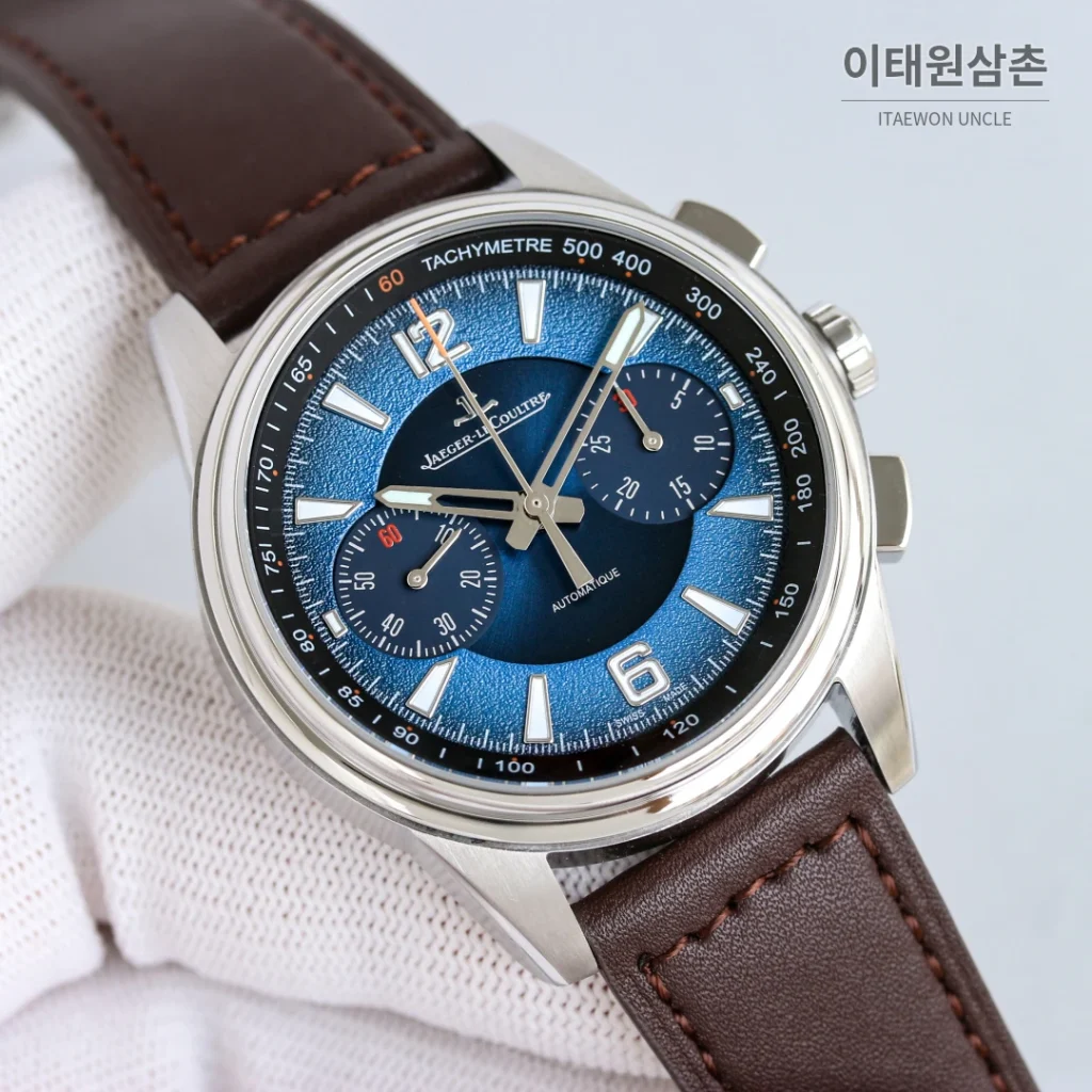 예거르쿨트르 폴라리스 블루다이얼 크로노그래프 오토매틱 42mm 브라운 가죽 스트랩