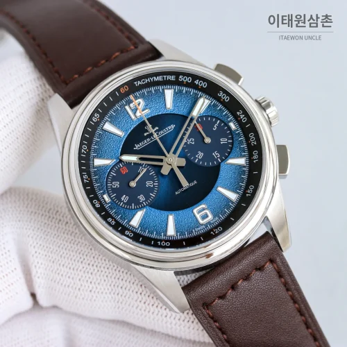 예거르쿨트르 폴라리스 블루다이얼 크로노그래프 오토매틱 42mm 브라운 가죽 스트랩
