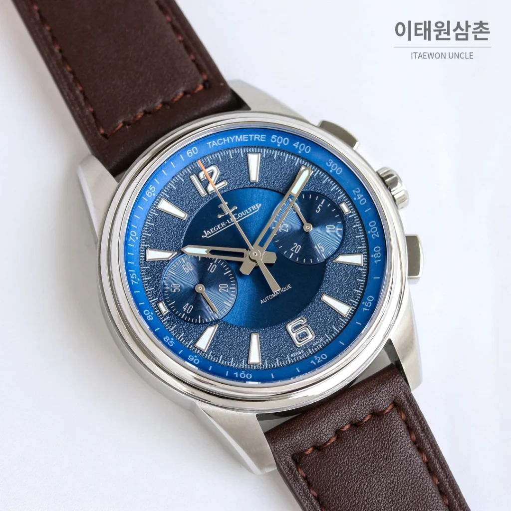 예거르쿨트르 폴라리스 블루다이얼 크로노그래프 오토매틱 42mm 브라운 가죽 스트랩