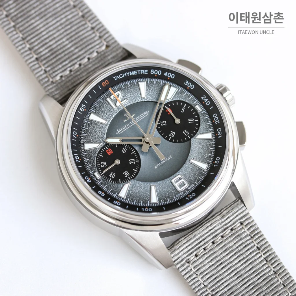 예거르쿨트르 폴라리스 블루다이얼 크로노그래프 오토매틱 42mm 그레이 나일론 스트랩