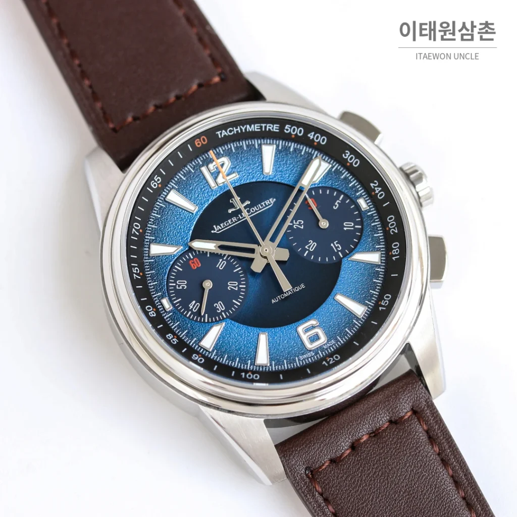 예거르쿨트르 폴라리스 블루다이얼 크로노그래프 오토매틱 42mm 브라운 가죽 스트랩