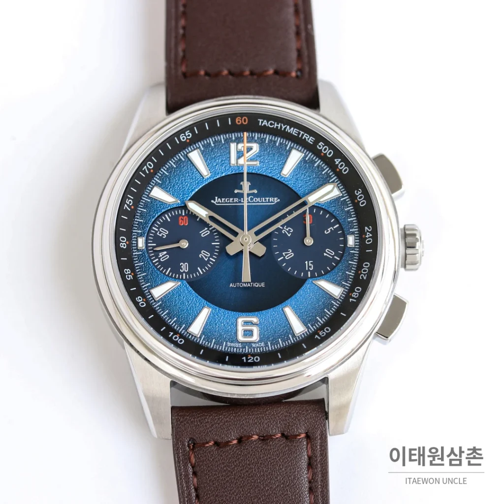 예거르쿨트르 폴라리스 블루다이얼 크로노그래프 오토매틱 42mm 브라운 가죽 스트랩