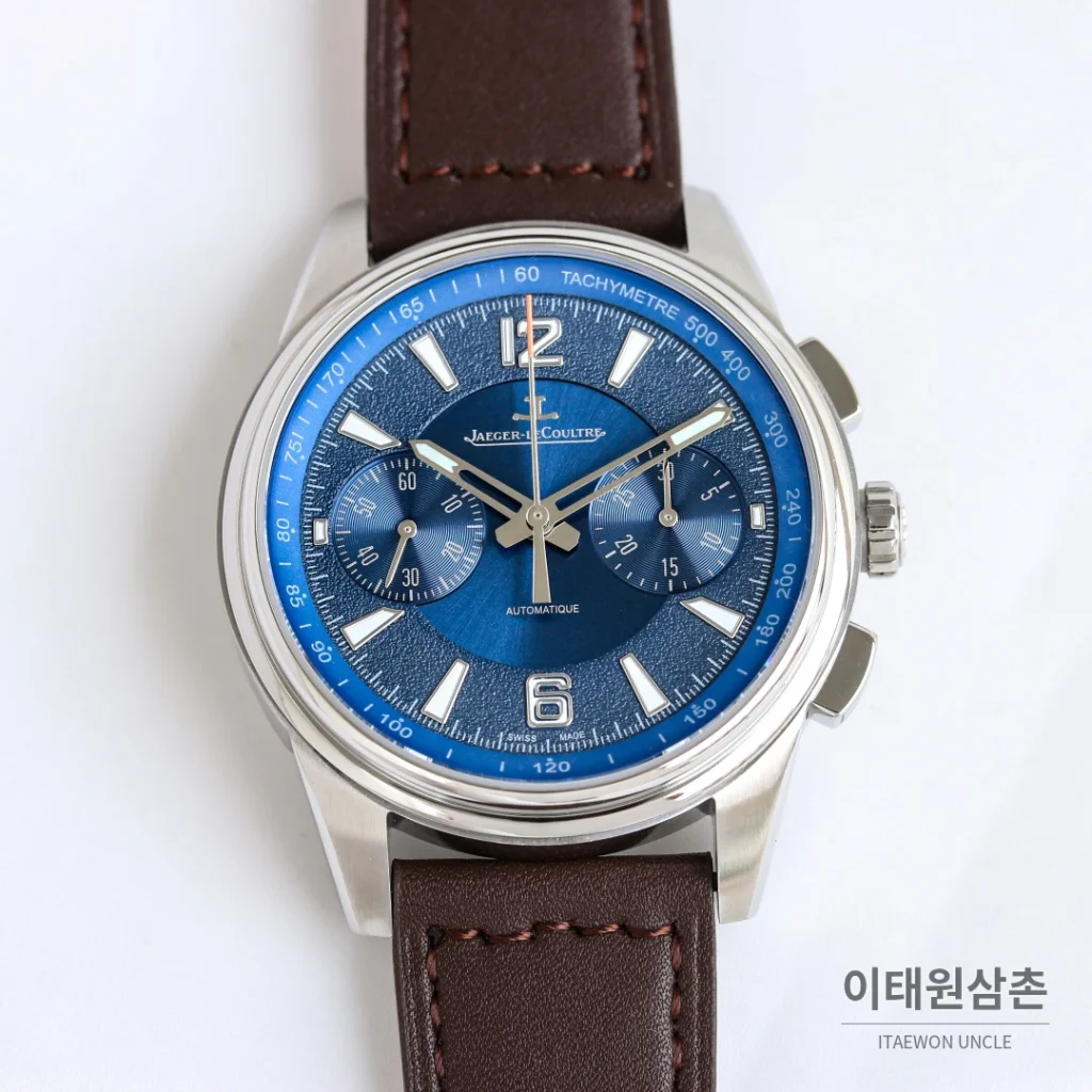 예거르쿨트르 폴라리스 블루다이얼 크로노그래프 오토매틱 42mm 브라운 가죽 스트랩