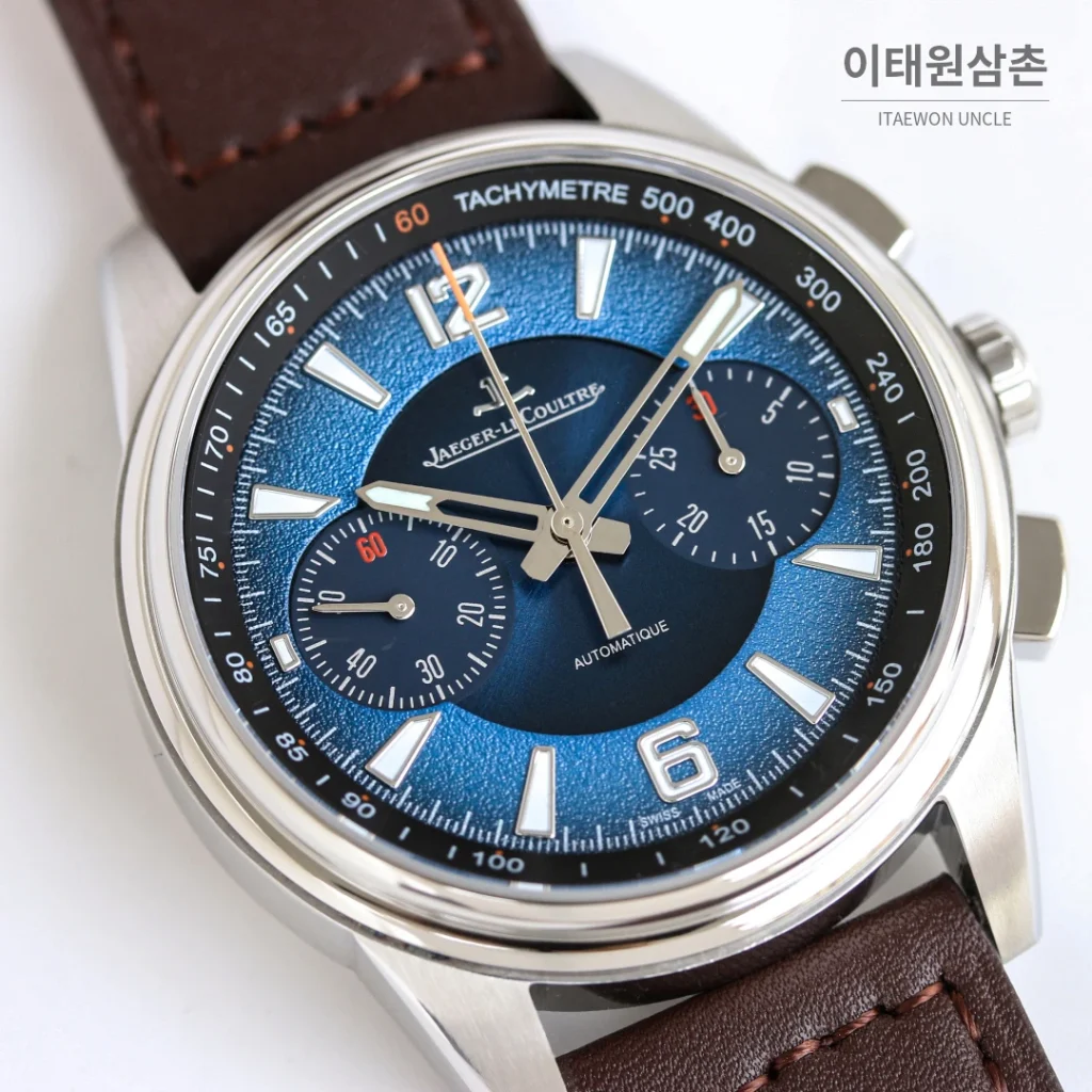 예거르쿨트르 폴라리스 블루다이얼 크로노그래프 오토매틱 42mm 브라운 가죽 스트랩