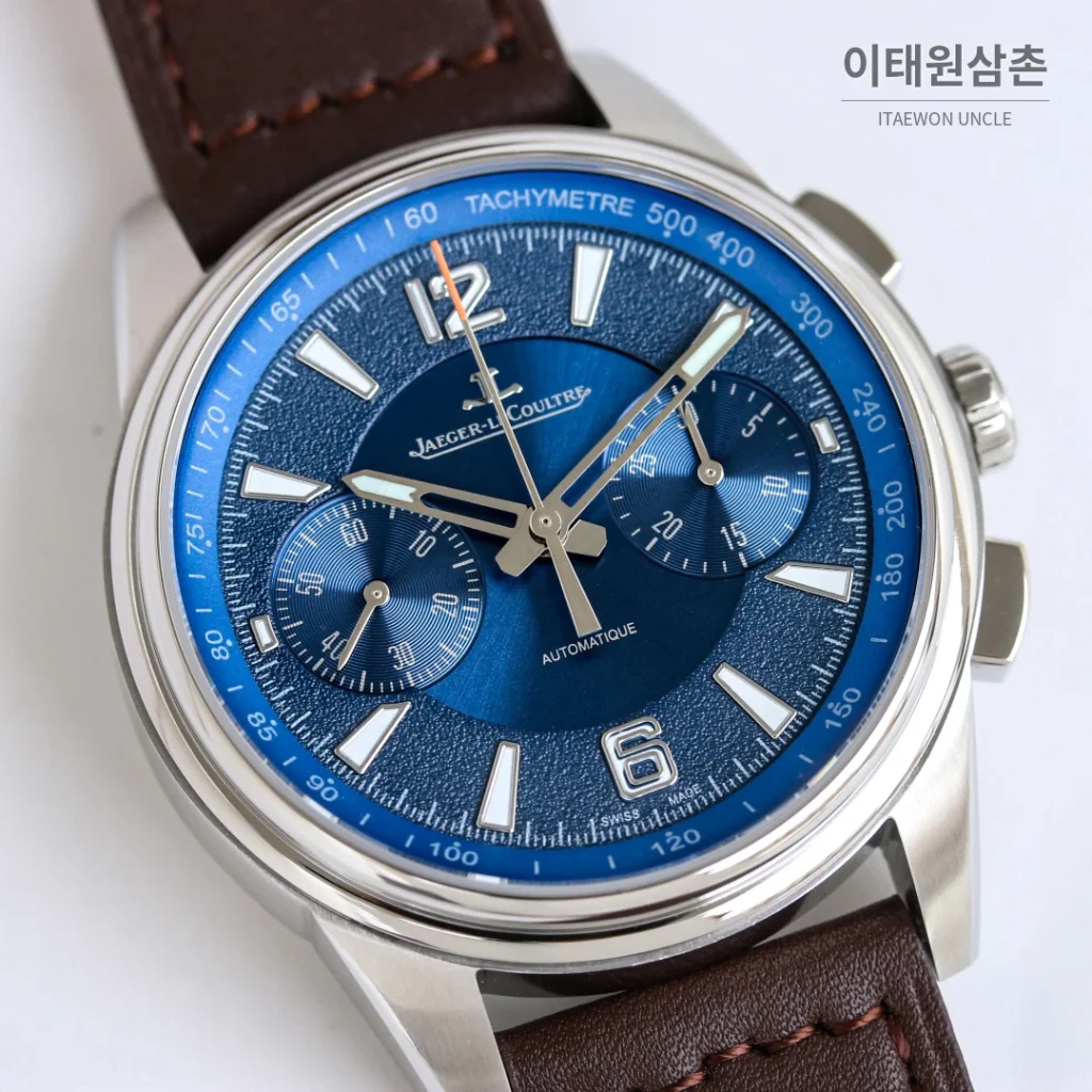 예거르쿨트르 폴라리스 블루다이얼 크로노그래프 오토매틱 42mm 브라운 가죽 스트랩