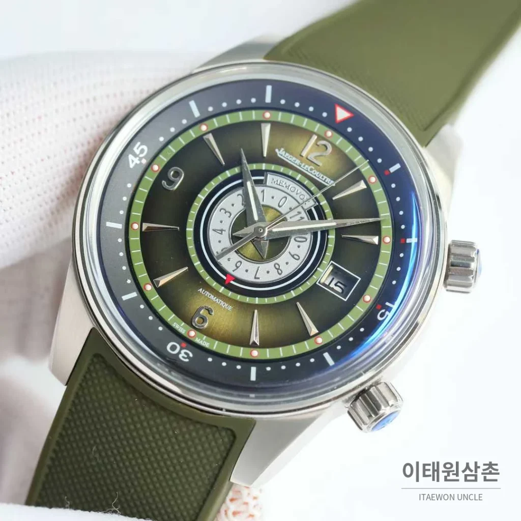 예거르쿨트르 폴라리스 러버밴드 블랙다이얼 데이트 오토매틱 42mm 블루 베젤
