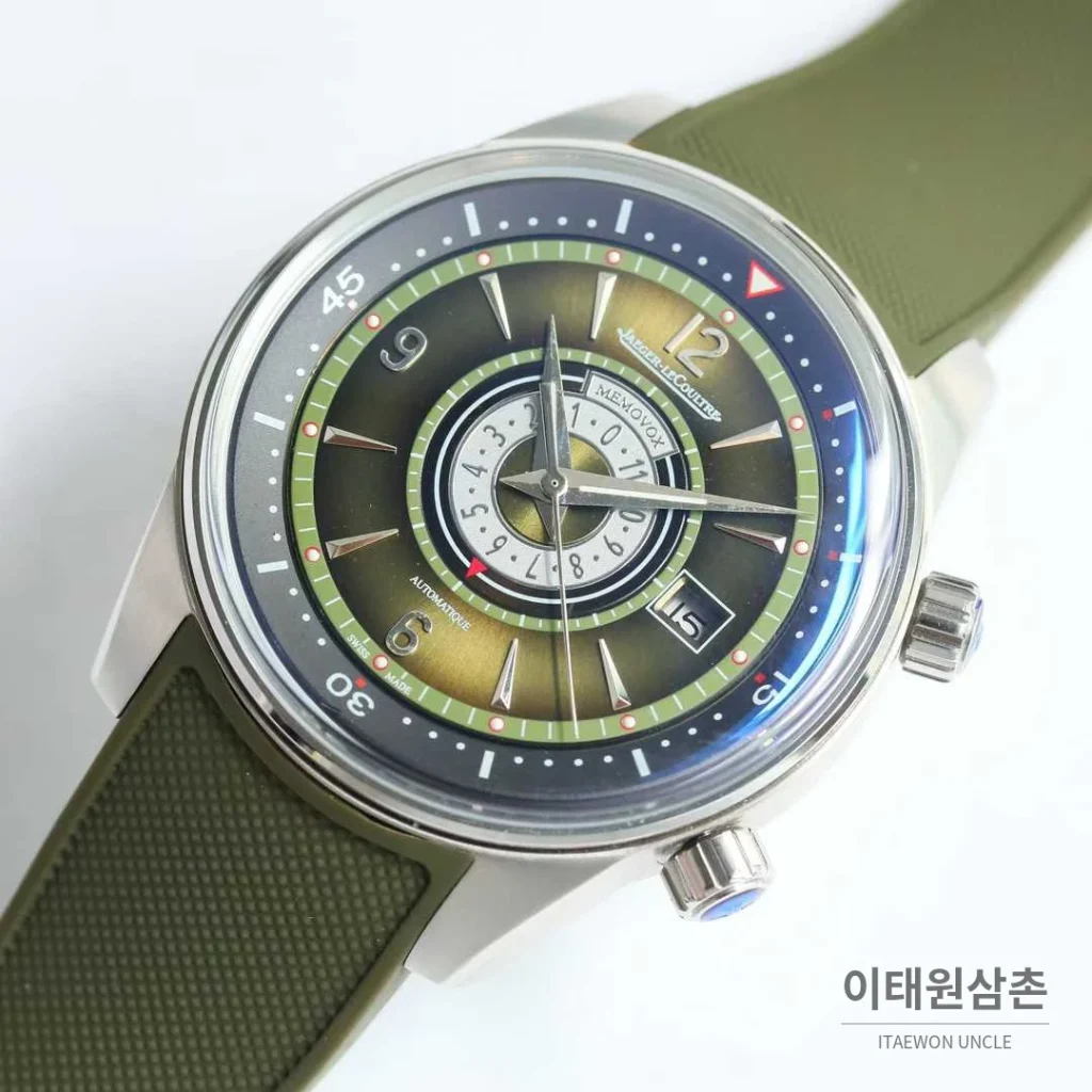 예거르쿨트르 폴라리스 러버밴드 블랙다이얼 데이트 오토매틱 42mm 블루 베젤