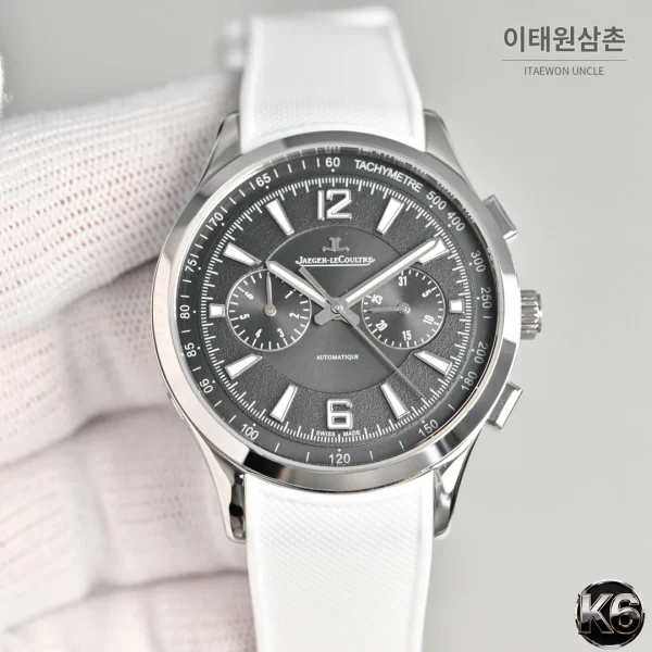 예거르쿨트르 폴라리스 스틸 선레이 다이얼 오토매틱 42mm 화이트 러버 스트랩