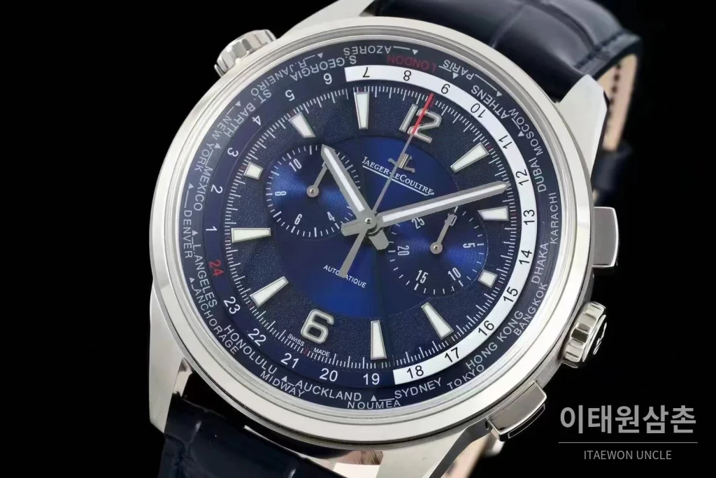 예거르쿨트르 폴라리스 월드타임 크로노그래프 스틸 블루블랙다이얼 오토매틱 44mm