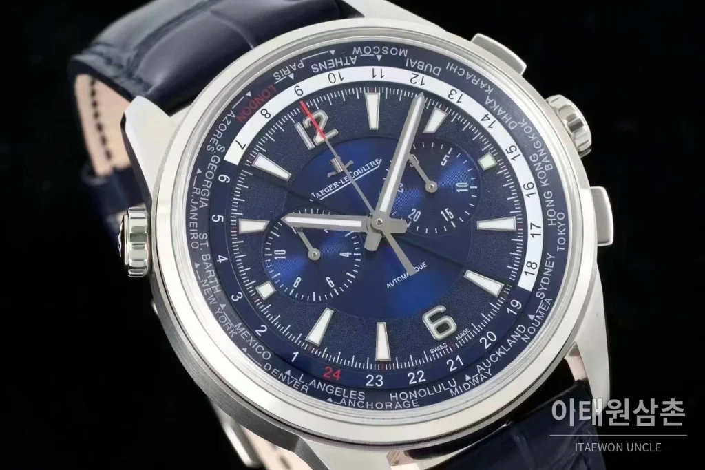 예거르쿨트르 폴라리스 월드타임 크로노그래프 스틸 블루블랙다이얼 오토매틱 44mm