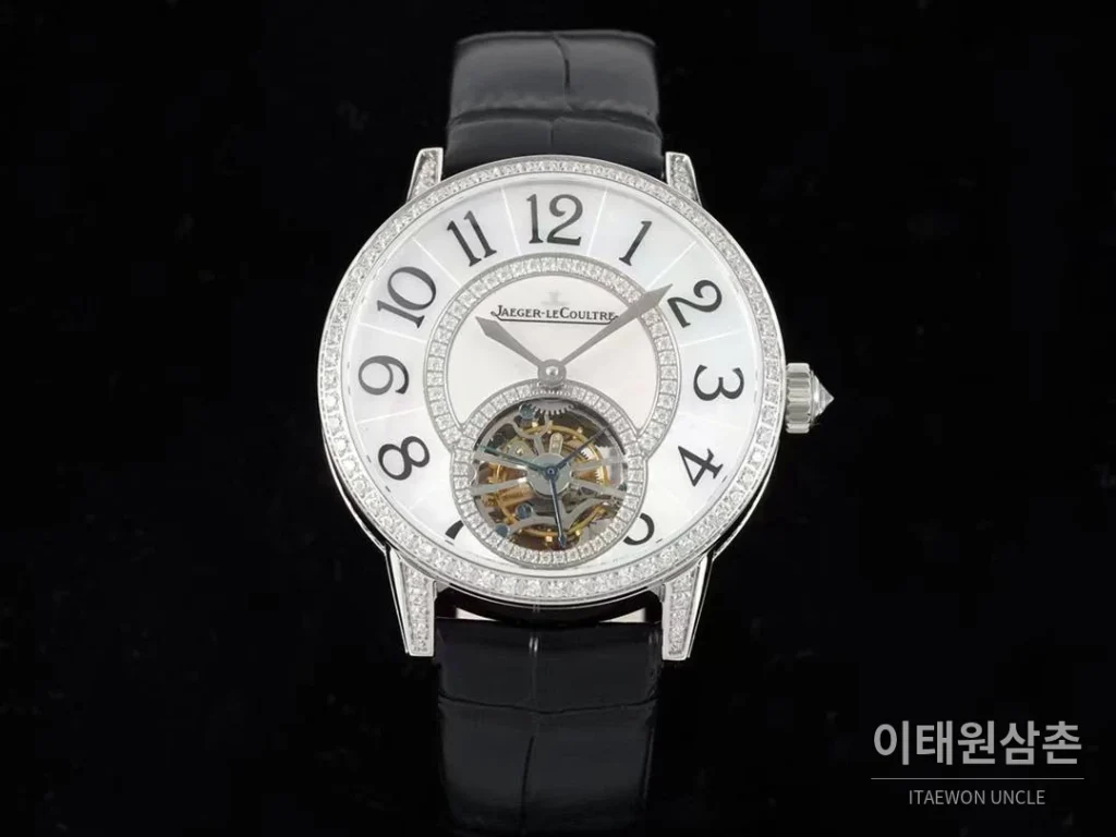 예거르쿨트르 랑데부 투르비옹 다이아몬드 자개다이얼 오토매틱 39mm 블랙 가죽 스트랩