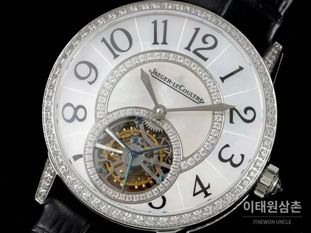 예거르쿨트르 랑데부 투르비옹 다이아몬드 자개다이얼 오토매틱 39mm 블랙 가죽 스트랩