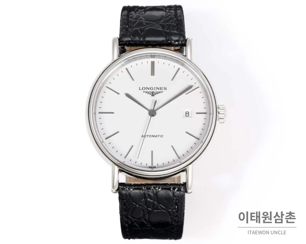 론진 클래식 스틸 화이트다이얼 심플 오토매틱 40mm 블랙 가죽 스트랩